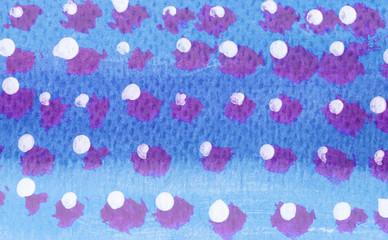 Abstract watercolor painting with white dots and purple splatters on blue background