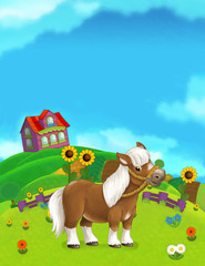 Obraz na płótnie Canvas Cartoon farm happy scene with standing horse - illustration for children