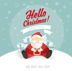 Merry Christmas and Happy New Year greeting card with Santa sitt