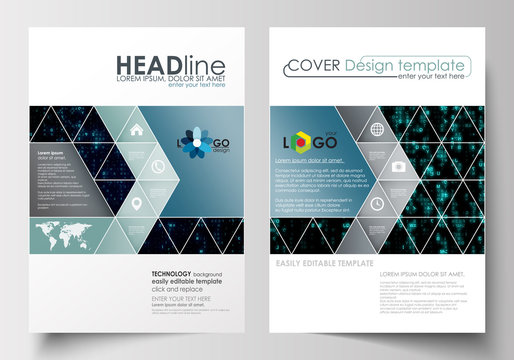 Business templates for brochure, magazine, flyer. Cover design template, flat layout in A4 size. Virtual reality, color code streams glowing on screen, abstract technology background with symbols.