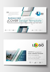 Naklejka premium Business card templates. Flat design blue color travel decoration layout, easy editable vector template, colorful blurred natural landscape.