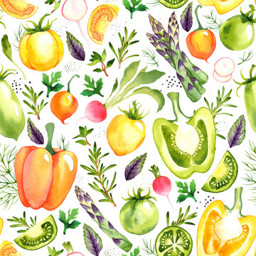 Seamless Pattern With Watercolor Vegetables On White Background