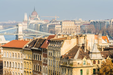 Fototapeta premium views to chain bridge and parlament, icons of budapest, hungary