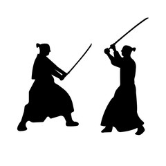 The Set of Samurai Warriors Silhouette with katana sword. Vector illustration.