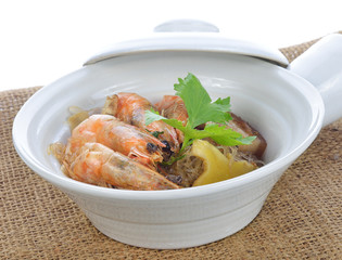 Shrimp potted with vermicelli on white.Thai food