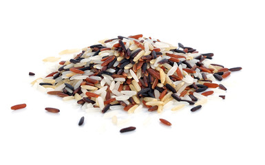 Raw organic brown rice on white background