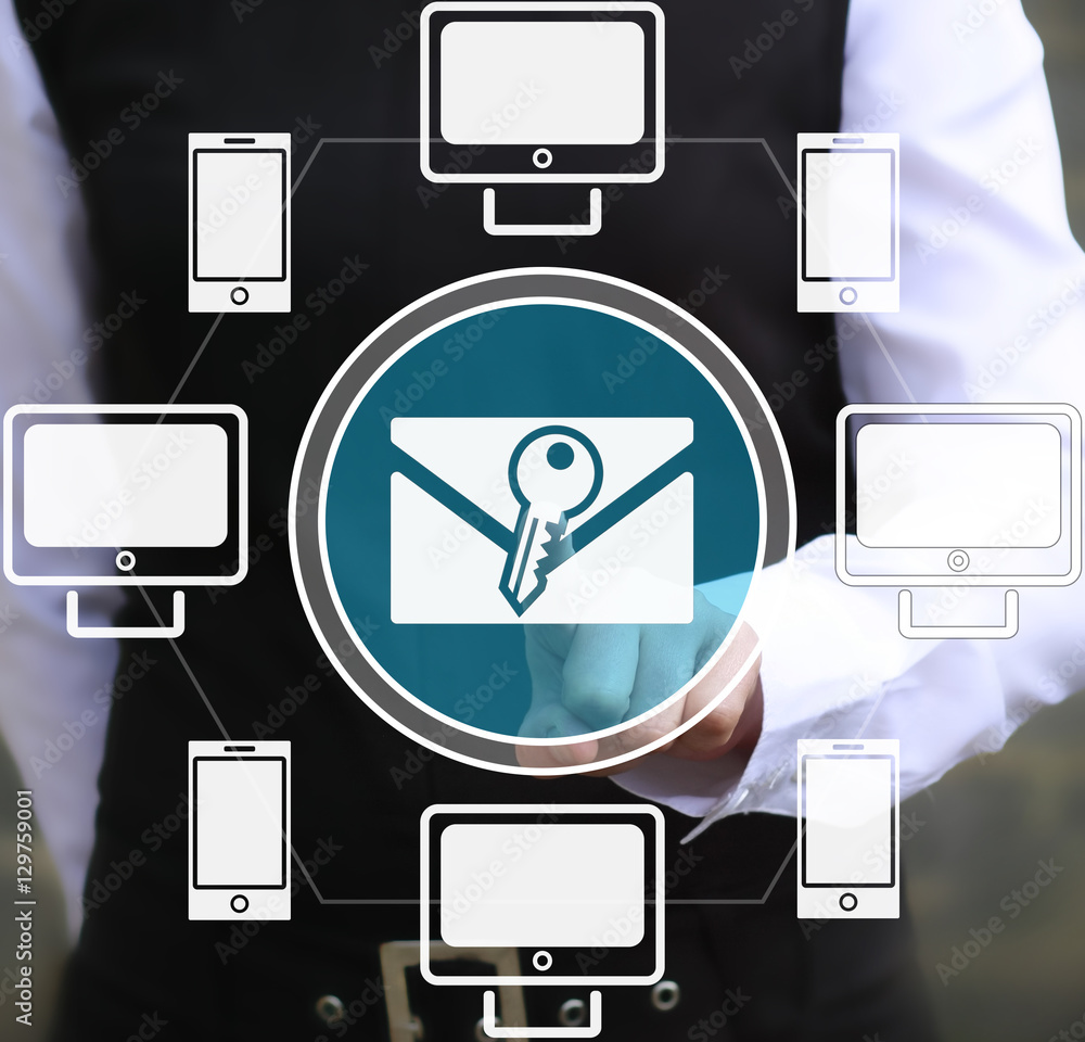 Poster businesswoman presses envelope button with key on virtual screen. businessman touched icon mail with