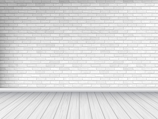White brick wall and wooden floor, architectural background. Vector illustration of interior.