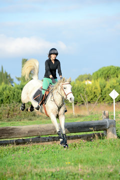 beautiful young woman riding horse and training for jump hurdle equitation competition outdoor