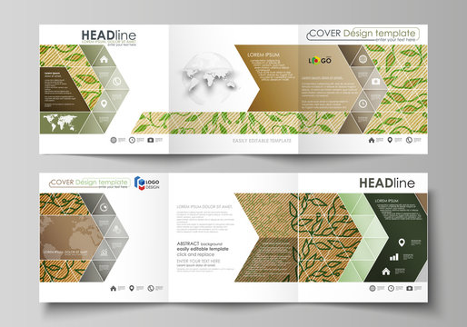 Business Templates For Tri Fold Square Brochures. Leaflet Cover, Flat Vector Layout. Abstract Green Color Wooden Design. Wood Texture With Leaves. Spa Concept Natural Pattern In Linear Style.