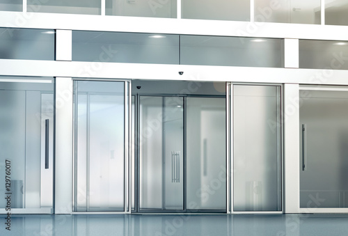Download "Blank sliding glass doors entrance mockup, 3d rendering. Commercial automatic slide entry mock ...