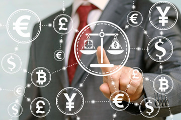 Fototapeta na wymiar businessman presses scales button with a sack of dollars clock time icon. Man toched balance sign on background of network bank currency. Money, judge, business, security, internet. Banking, finance.