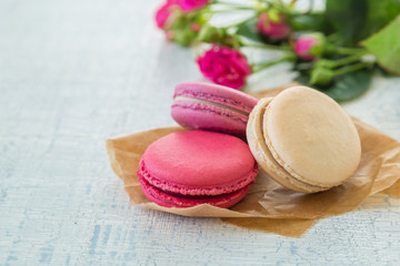 Morning coffee with flowers and macaroons. Mather's day  Valentine'  concept.