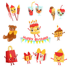 Cute Birthday Party Celebration Things Characters Set
