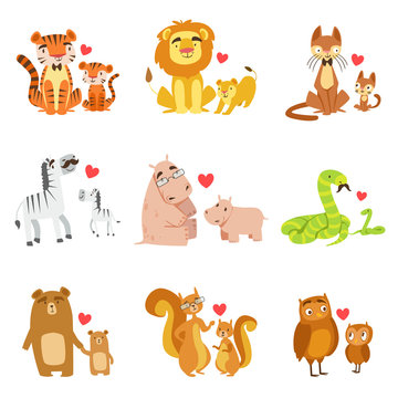 Small Animals And Their Dads Illustration Set