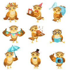 Fototapeta premium Cute Brown Owl Everyday Activities Icon Set