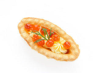 Christmas appetizer tartlets stuffed red caviar and butter