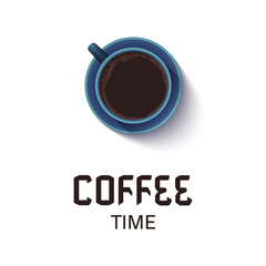 Coffee time lettering phrase. Realistic cup of black coffee isolated on white background. Espresso top view. Design template for banners, cards, menus, packaging and posters. Vector illustration.