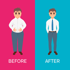 Man before and after weight loss on red and blue background. Perfect body symbol. Successful diet and fitness concept. Ideal for fitness gyms, health and sport magazines. Vector illustration.
