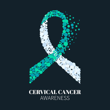 Cervical cancer awareness poster with white and teal ribbon made of dots on dark background. Ovarian cancer symbol. Medical concept. Vector illustration.
