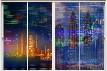 Stock market concept with cityscape and oil refinery background,Power and energy concept.