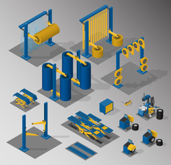 Equipment for automotive service. Set of equipment for car service and car wash. Vector isometric illustration.