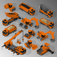 Vector isometric set of equipment for the construction industry consisting of mixer truck, dump trucks, tracked and wheeled excavators, road rollers, asphalt paver, bulldozer and mobile crane.