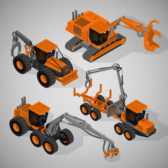 Vector isometric illustration of a set of equipment for forestry industry consisting of feller-buncher machine, a forwarder, a skidder and rubber-tired forestry harvester.