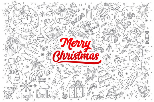 Hand drawn set of Merry Christmas doodles with red lettering in vector