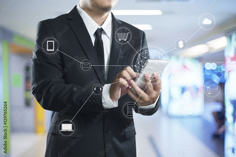 Poster man using mobile payments online shopping and icon customer network connection on screen, m-banking 