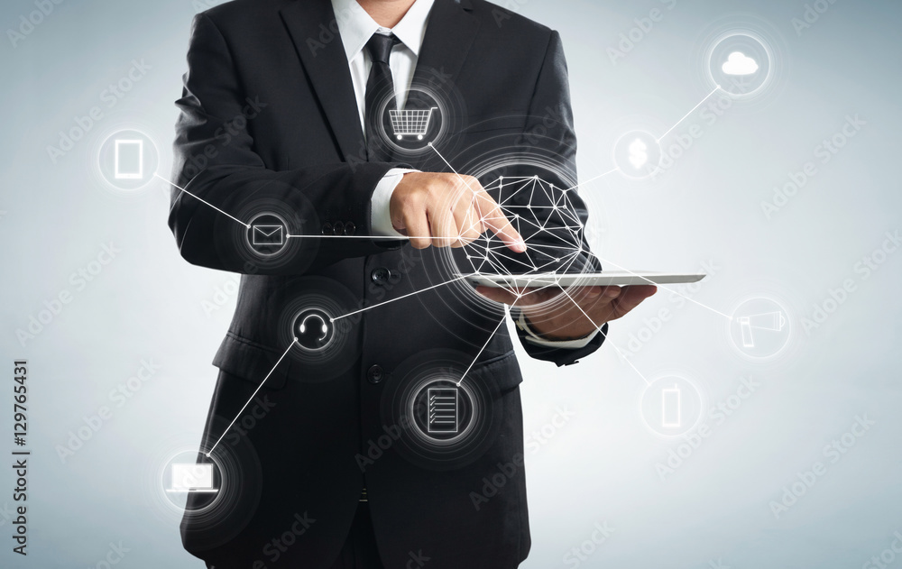 Aufkleber man using mobile payments online shopping and icon customer network connection on screen, m-banking 