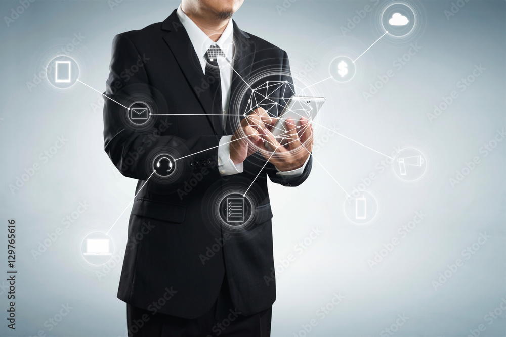 Aufkleber man using mobile payments online shopping and icon customer network connection on screen, m-banking 