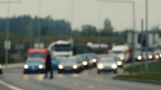Unfocused view on traffic jams in Vilnius, Lithuania, Blurred scene.