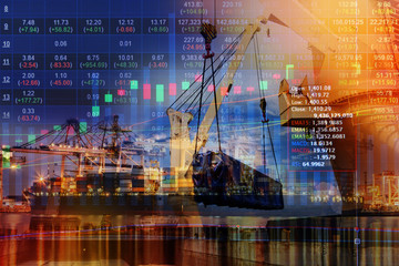 Double exposure of stocks market chart concept with International Container Cargo ship in the...
