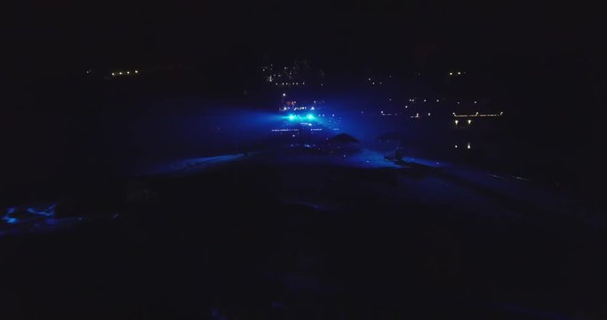 Party on club in Goa, India. Aerial view. Night
