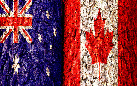 Australia Flag and Canada Flag over crack and grunge wall texture background. Forex AUDCAD concept.