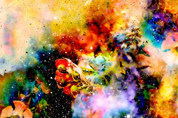 abstract multicolor flower motive collage with dynamic fire effect in space.