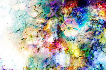 abstract multicolor flower motive collage in space. Crackle effect.