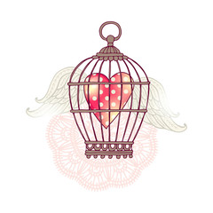 Template greeting card or invitation with heart in birdcage