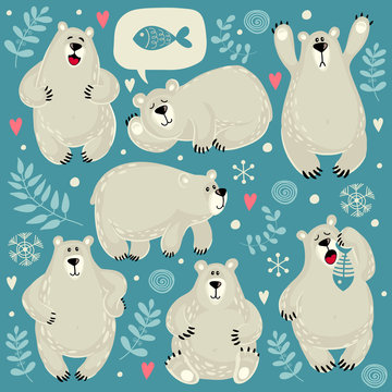 Set of illustrations with polar bears. Different poses