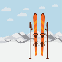 Winter landscape with mountain background, ski and sticks