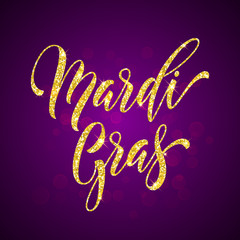 Gold glitter calligraphy Mardi Gras lettering for masquerade carnival