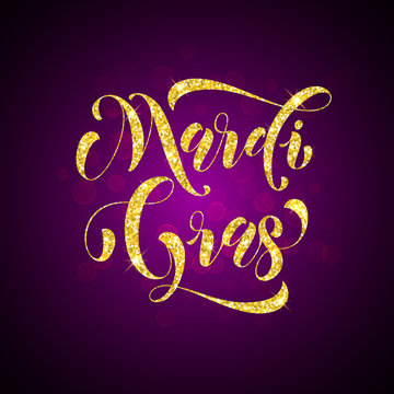 Mardi Gras gold glitter calligraphy lettering for carnival parade