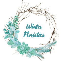 Vector watercolor floristic composition. Pomegranate and spruce twigs wrearh. Winter wedding decoration