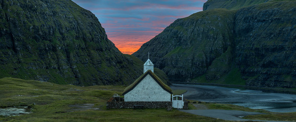Panoramic view of Saksun church, Faroe Islands