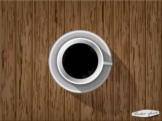 realistic graphic design vector of cup of coffee on wood table,top view
