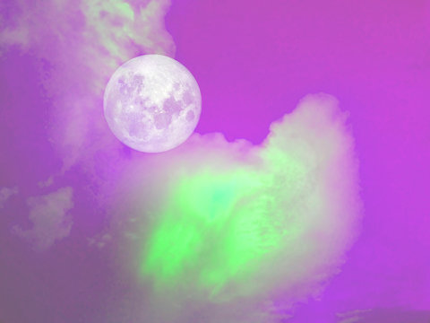 full moon green cloud in the purple sky