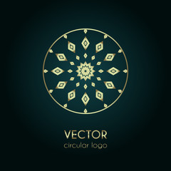 Golden logo design template, creative circular emblem, decorative icon, vector illustration