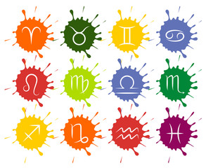Set of vector Zodiac signs colorful paint drops