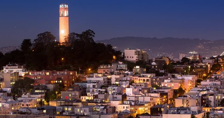 Coit Tower and North Beach at Night. San Francisco's famous Telegraph Hill.